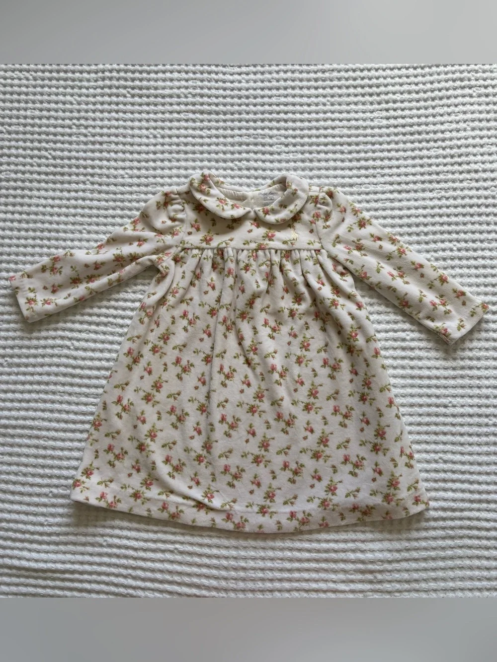 Ralph Lauren Baby Cream Velour Floral Dress Long Sleeve Peter Pan Collar 12M